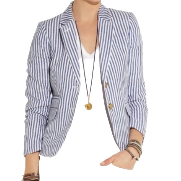 J.Crew Schoolboy Striped Linen Blazer Blue White Size 4 - Picture 1 of 15